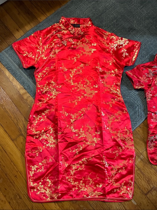 Other - Red Satin Floral women’s Cheongsam Dress with Gold Accents